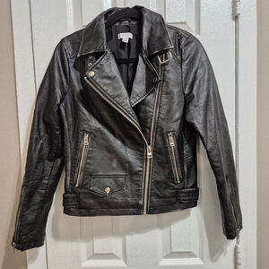 Women's Topshop Black Faux Leather Moto Jacket US 4 Silver Hardware